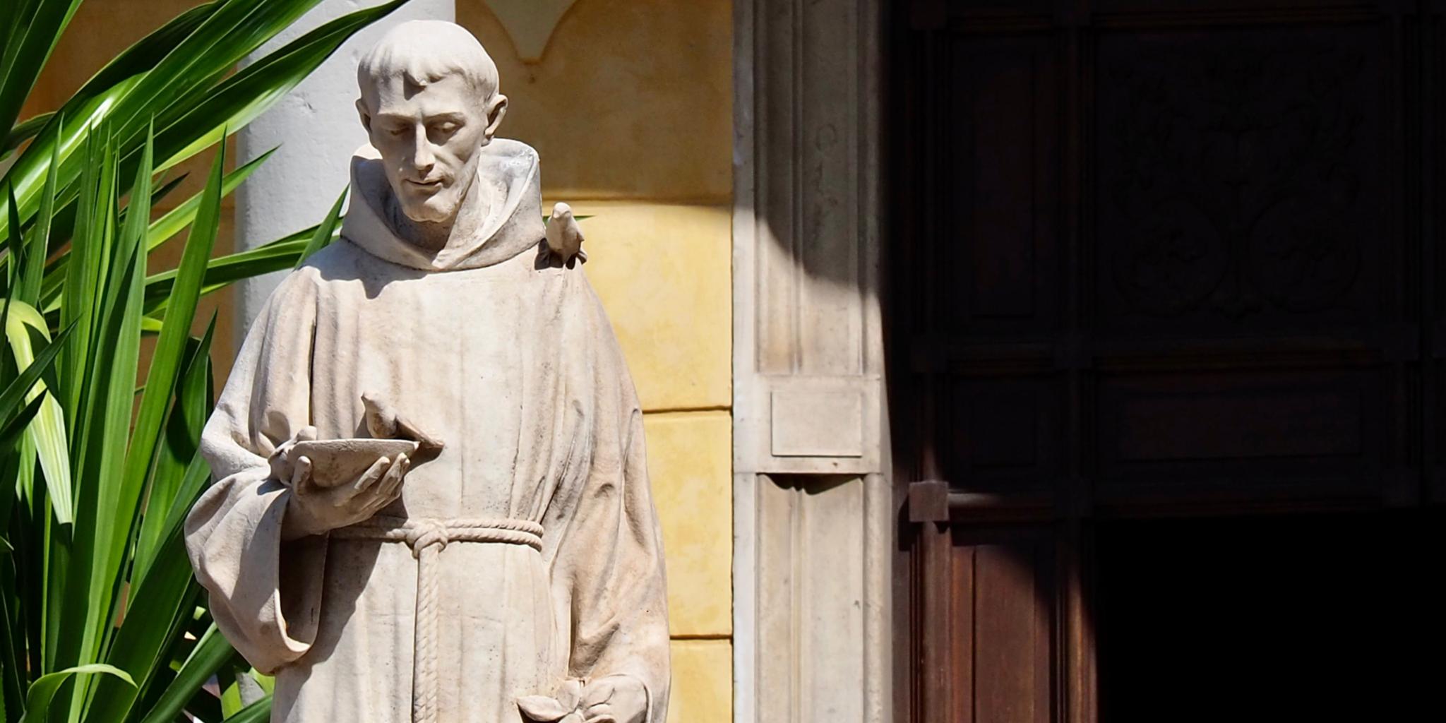 Steinstatue eines Mönchs mit Buch in sonnigem Hof neben einer Pflanze